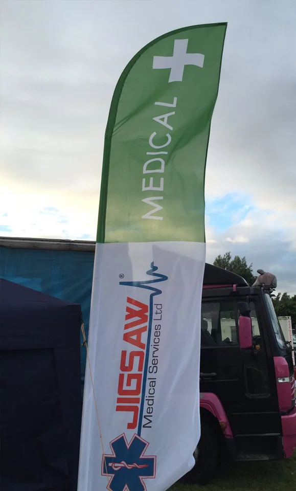 Power flags designed for Jigsaw Medical, event medical centre flags