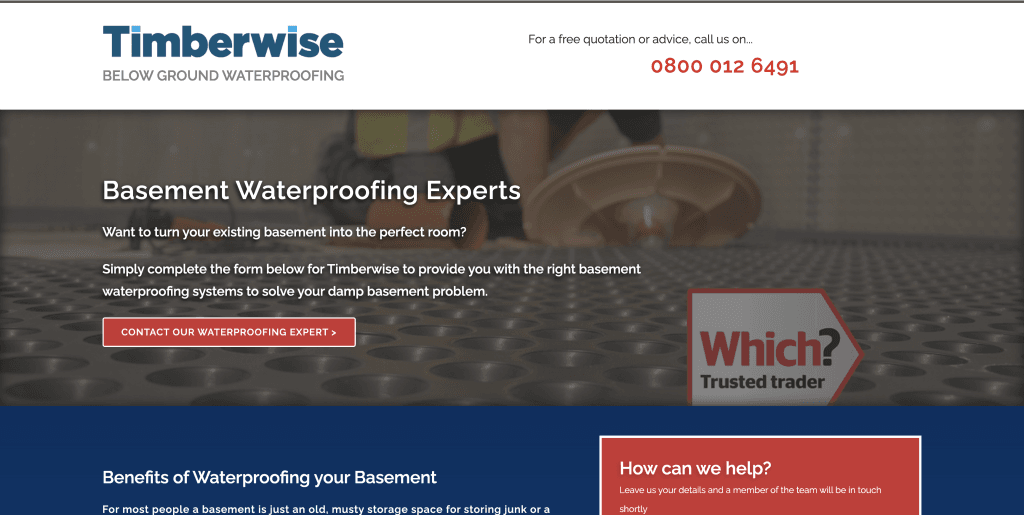 Full width screenshot of landing page design for basement waterproofing at Timberwise