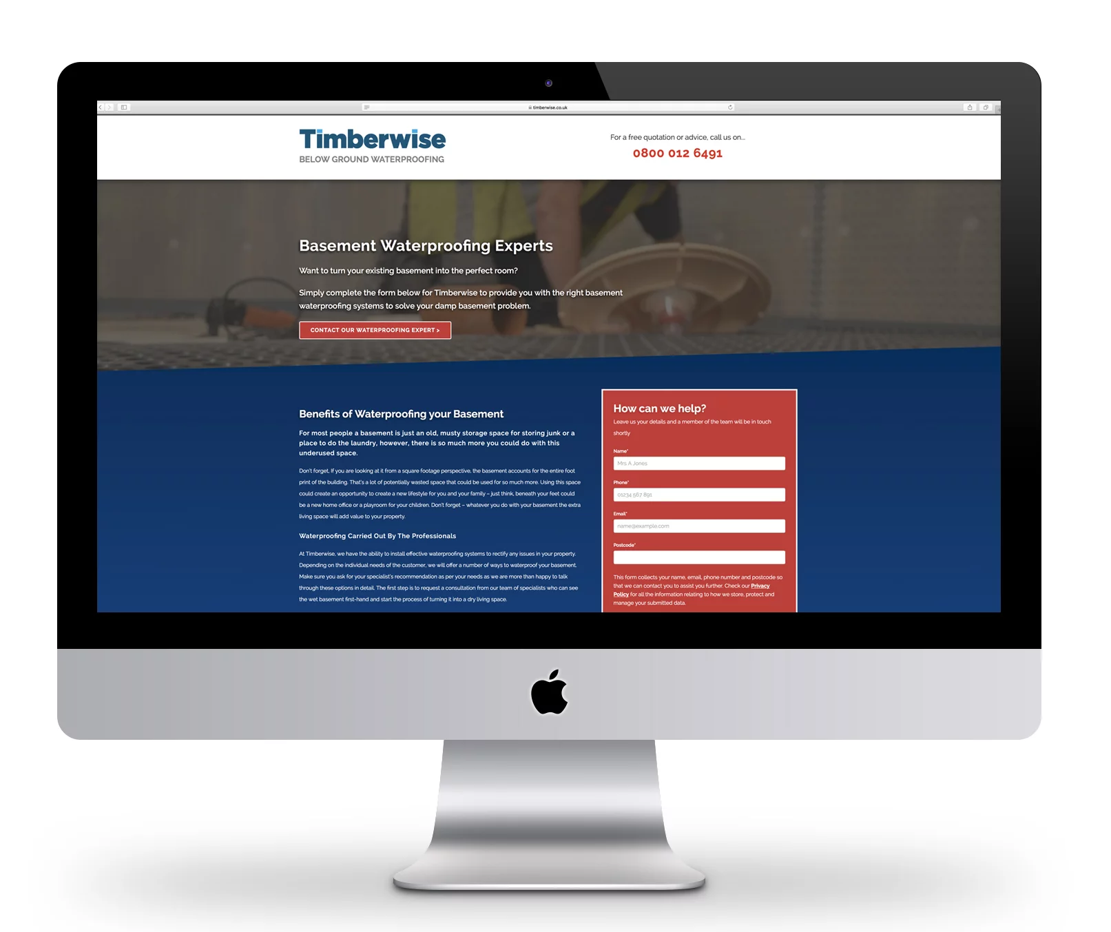 Screenshot on iMac of landing page website design for Timberwise, by Wattage Media