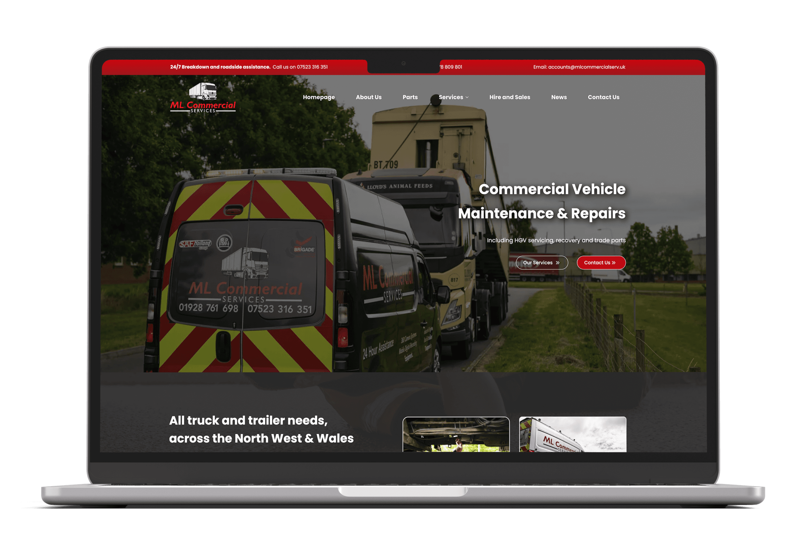 ML Commercial Services homepage website design on Macbook screen