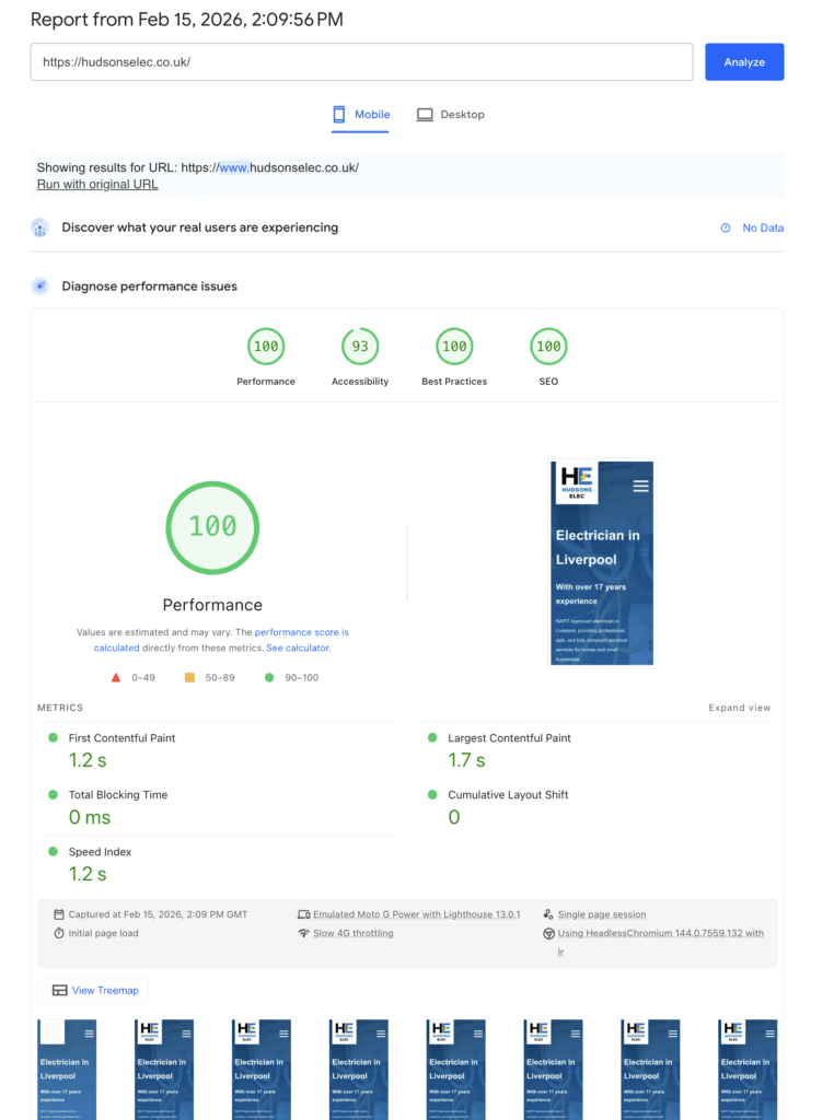 Google pagespeed score for HudsonsElec